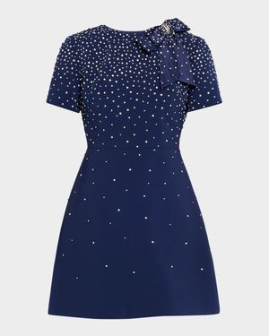 Crystal Bow Short-Sleeve Mini Dress