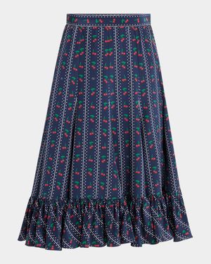 Cherry Polka-Dot Striped Crepe De Chine Skirt