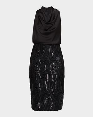 Sequin-Embroidered Cowl Midi Dress