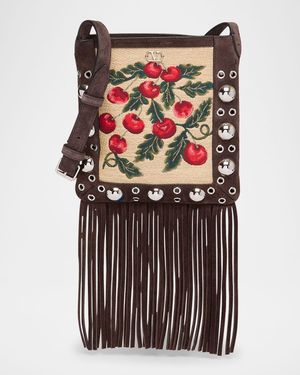 Nellcote Small Fringe Jacquard Cherries Suede Crossbody Bag