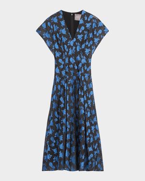 V-Neck Rode Jacquard A-Line Midi Dress