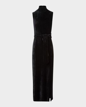 Mock-Neck Belted Velvet Jersey Midi Dress