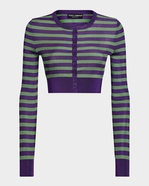 Striped Rib Crop Crewneck Cardigan