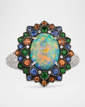 18K White Gold Diamond, Black Opal, Blue and Orange Sapphires, Tsavorite Statement Ring, Size 6