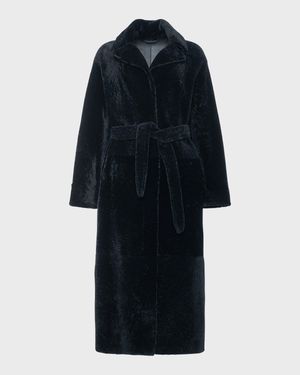 Reversible Shearling Lamb Belted Long Coat With Side Slits