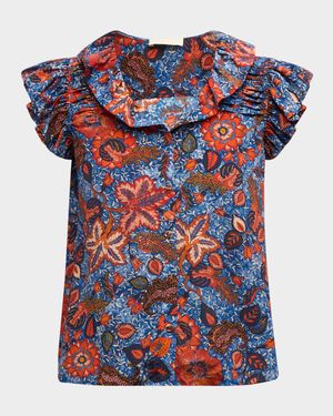 Ivette Floral-Print Ruffle Silk Top