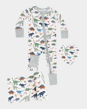 Girl's 3-Piece Washy Dinos 2-Way Zip Romper Set, Size 0M-24M