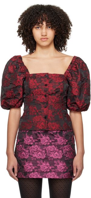 GANNI Black & Red Botanical Jacquard Blouse