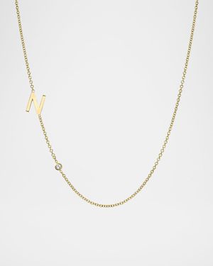 14k Gold Asymmetrical Initial and Bezel Diamond Necklace