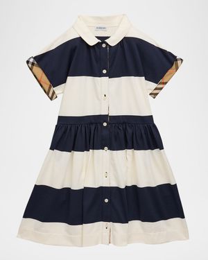 Girl's Check-Trim Striped Cotton Shirt Dress, Size 3-14
