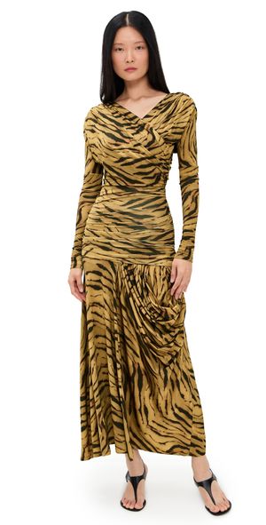 GANNI Printed Shiny Jersey Ruched Long Dress Khaki 34