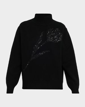 Turtleneck Paillette Rose Wool-Cashmere Sweater