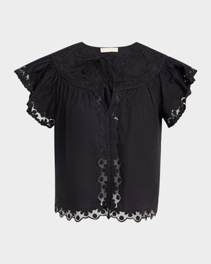 Effie Embroidered Flutter-Sleeve Top