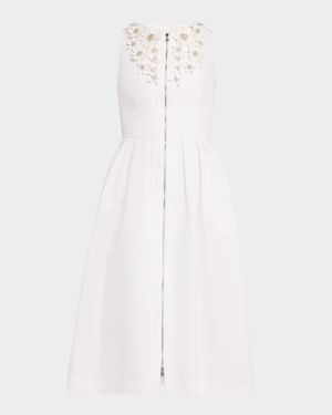 Zip-Front Embroidered Fit-&-Flare Midi Dress