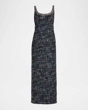 Bead-Trim Tweed Column Gown