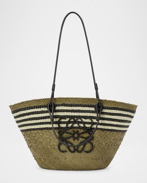x Paula's Ibiza Medium Anagram Striped Basket Tote Bag in Straw