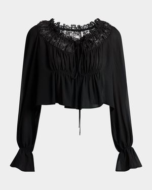 Ruched Lace Silk Peasant Blouse