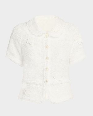 Floral-Applique Short-Sleeve Boucle Jacket