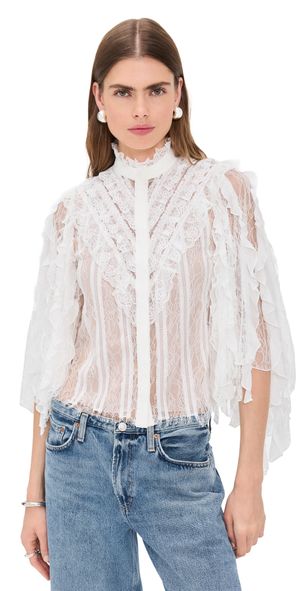 alice + olivia Rheba Mock Neck Button Front Lace Ruffle Sleeve Top Off White S
