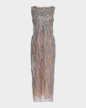 Beaded Ostrich-Feather Embroidered Cocktail Dress