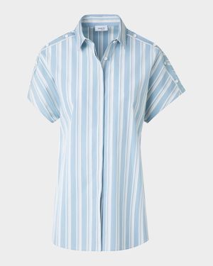 Striped Poplin Short-Sleeve Button-Shoulder Blouse