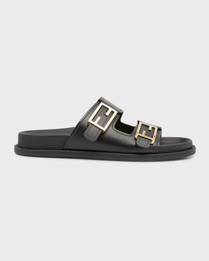 F Buckle Leather Slide Sandals