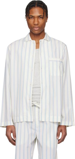 Tekla Blue & Off-White Poplin Long-Sleeved Pyjama Shirt
