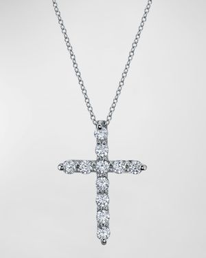 18K Gold 11-Stone Shared Prong Round Diamond Cross Necklace, 16"L, 0.50tcw