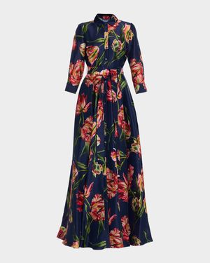 Floral Silk Belted Long-Sleeve Trench Gown