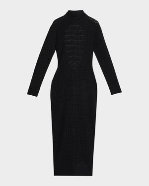 Croco-Jacquard Backless Long-Sleeve Midi Dress