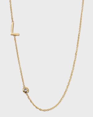14K Gold Asymmetrical Initial and Bezel Diamond Necklace, 16-18"L