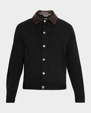 Men's Garment-Dyed Denim Leather-Collar Shirt Jacket