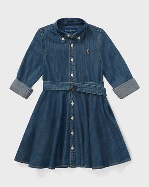 Girl's Belted Fit-and-Flare Denim Shirtdress, Size 2-6X