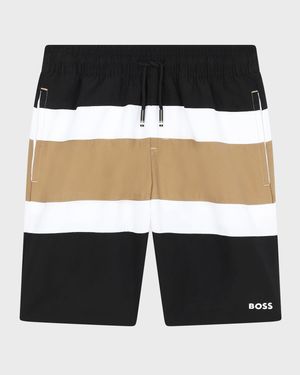 Boy's Striped Logo-Print Swim Trunks, Size 6-12