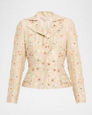 Floral Embroidered Single-Breasted Silk Blazer