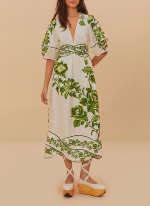 Farm Rio - Robe midi décolleté v à imprimé floral - Taille L - Blanc