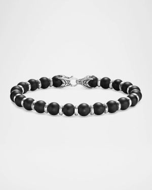 Men's Spiritual Beads Bracelet in Silver with Black Onyx, 8mm