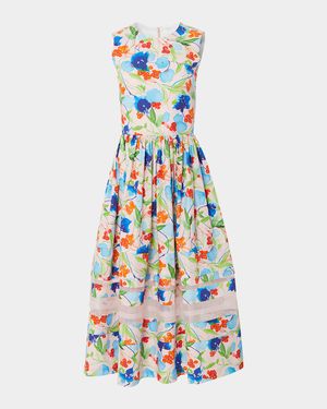 Floral-Print Midi Dress with Organza Detail