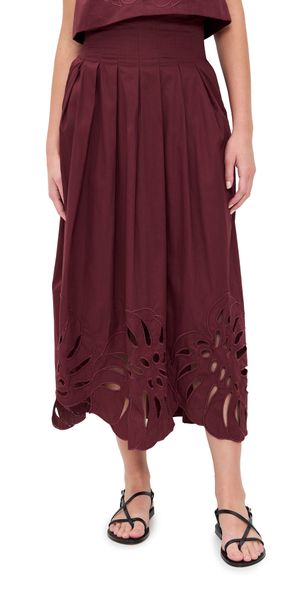 Dress To Foliage Embroidery Cotton Skirt Wine XXS
