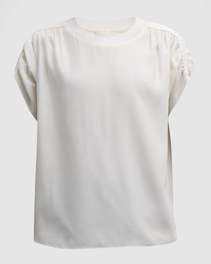 Lorainne Short Ruched-Sleeve Silk Top