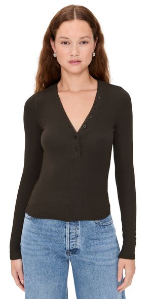 FRAME The Mesh Trim Rib Henley Coffee Heather M