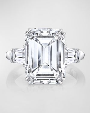 Platinum 3 Stone Diamond Ring with White Emerald Cut Center and Tapered Baguette Sides, Size 6.5, 17.14tcw