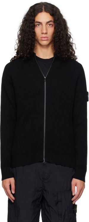 Stone Island Blouson 519C2 noir en tricot côtelé vanisé de laine vierge certifiée RWS
