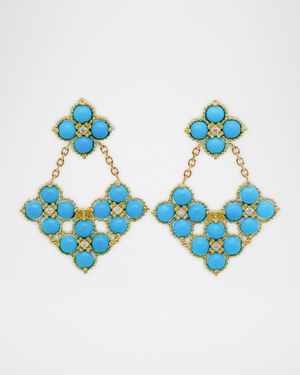 18K Statement Earrings with Diamonds and Round Cabochon Cut Turquoise
