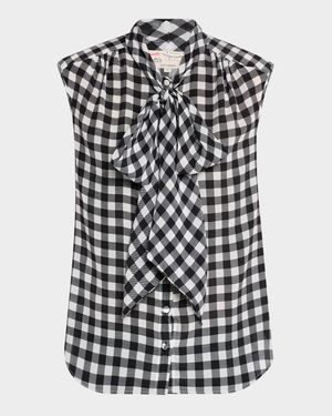 Gingham Silk Sleeveless Neck-Tie Blouse