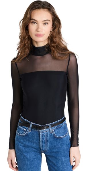 Commando Chic Mesh Mockneck Long Sleeve Covered Thong Bodysuit Black XS