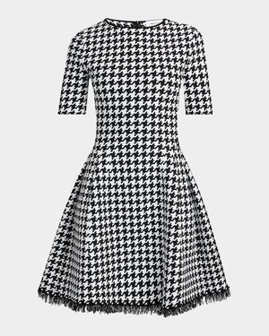 Houndstooth Fit-Flare Fringe Knit Mini Dress