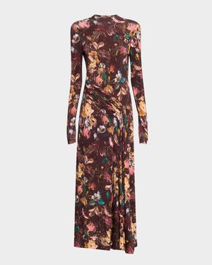 Floral Long-Sleeve Draped Ankle Dress