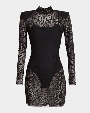 Leopard Lace Strong-Shoulder Mini Dress
