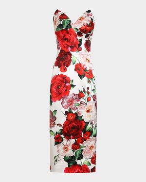 Strapless Rose Bouquet Satin Midi Dress